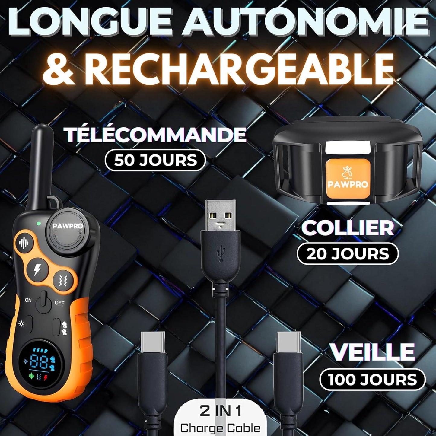 PAWPRO Collier de Dressage, Portée de 3km, Mode Lumière Nocturne, Guide de Dressage Inclus, 124 Niveaux d’Entraînement, BIP Vibration Choc, Adapté à Tous Les Chiens, Étanche, Marque FR (2 Colliers)
