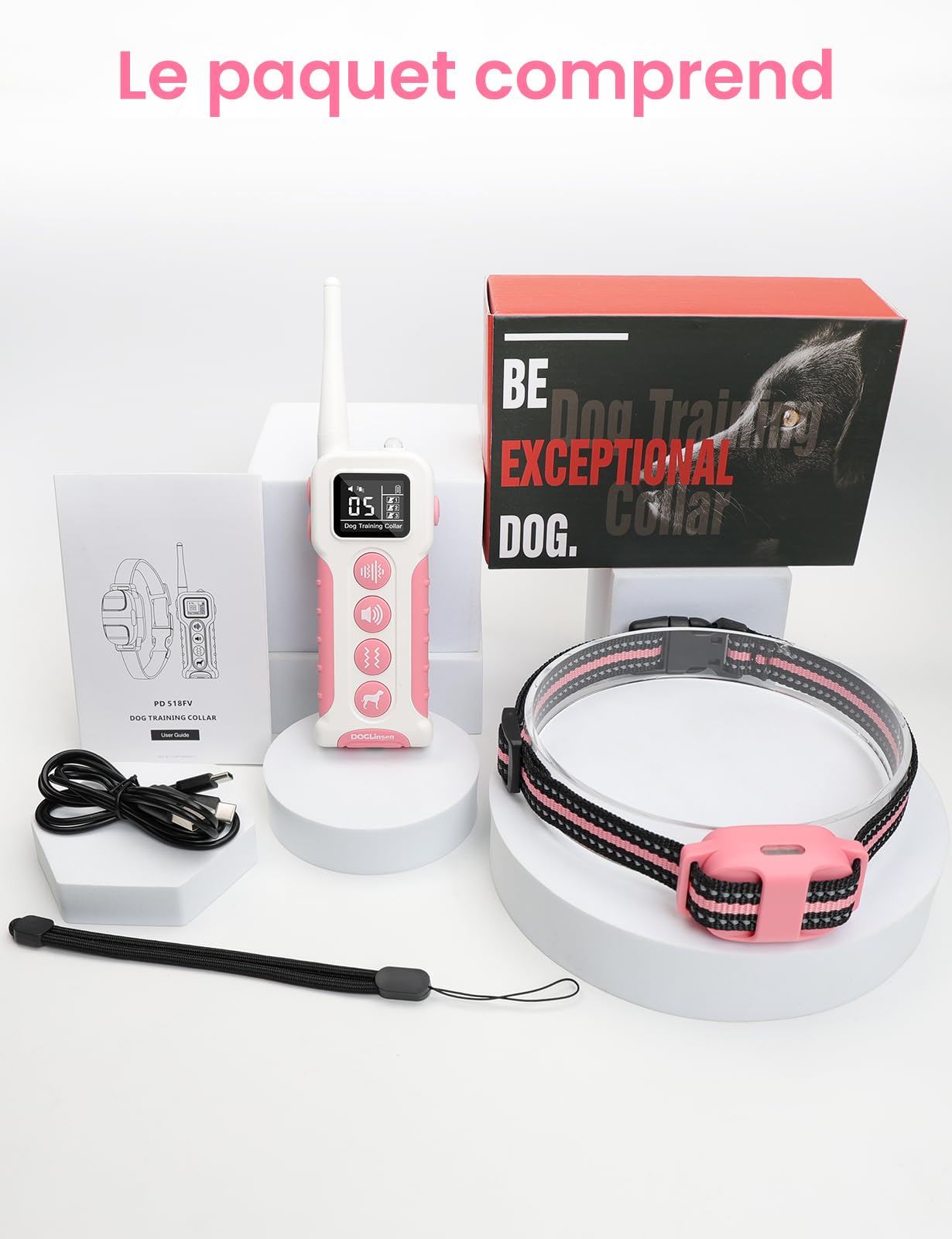 DOGLinsen Collier de Dressage pour Chien sans Choc, Portée de 1000m, 4 Modes (Lumière, Son, Vibration, Son+Vibration) - Adapté aux Chiens de Toutes Tailles (Rose)