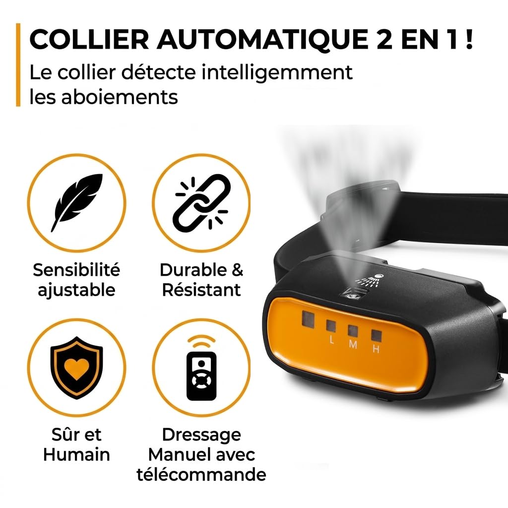 Collier Anti-Aboiement Spray Citronnelle pour Chien – Automatique & Télécommandé, Méthode Douce sans Choc, Rechargeable IPX65, 150m – Petits et Grands Chiens