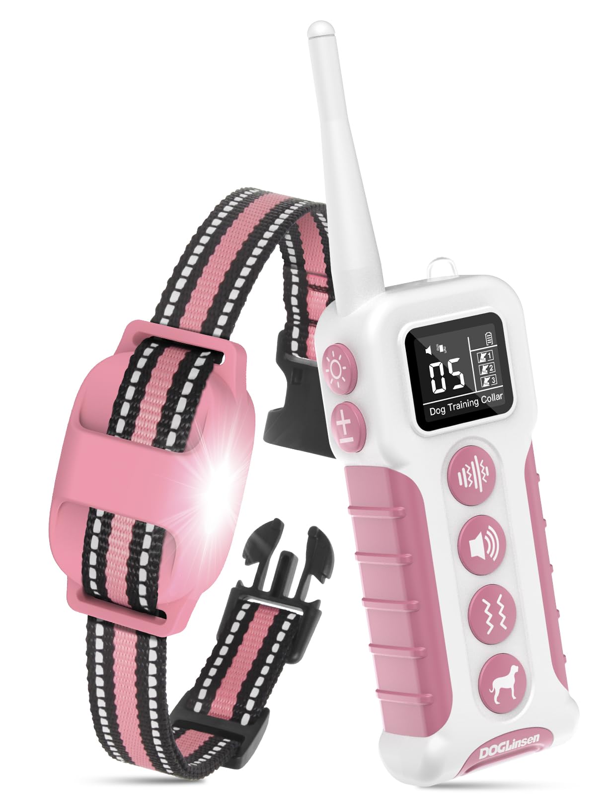 DOGLinsen Collier de Dressage pour Chien sans Choc, Portée de 1000m, 4 Modes (Lumière, Son, Vibration, Son+Vibration) - Adapté aux Chiens de Toutes Tailles (Rose)