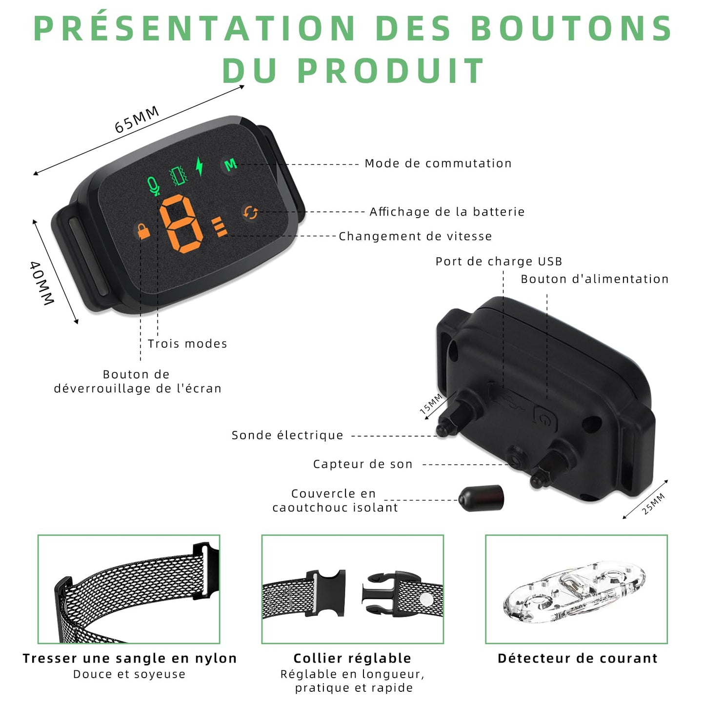 Collier Anti Aboiement Chien, 4 Modes Son/Vibration/Choc Electrique, Réglable 8 Niveaux de Sensibilité, Rechargeable Contrôle Anti-aboiement Intelligent, Étanche IP67 pour Gros Petit Chien-Noir