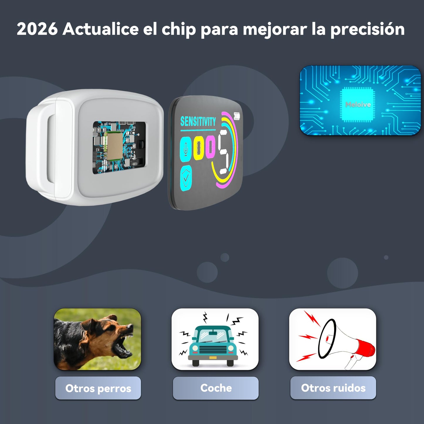Meloive Collier Anti Aboiement Chien, Conformes à La Nouvelle Loi 2025-Détection Intelligente des Aboiements, 4 Modes Son/Vibration/Forte Vibration, Rechargeable pour Petit et Gros Chien, Blanc