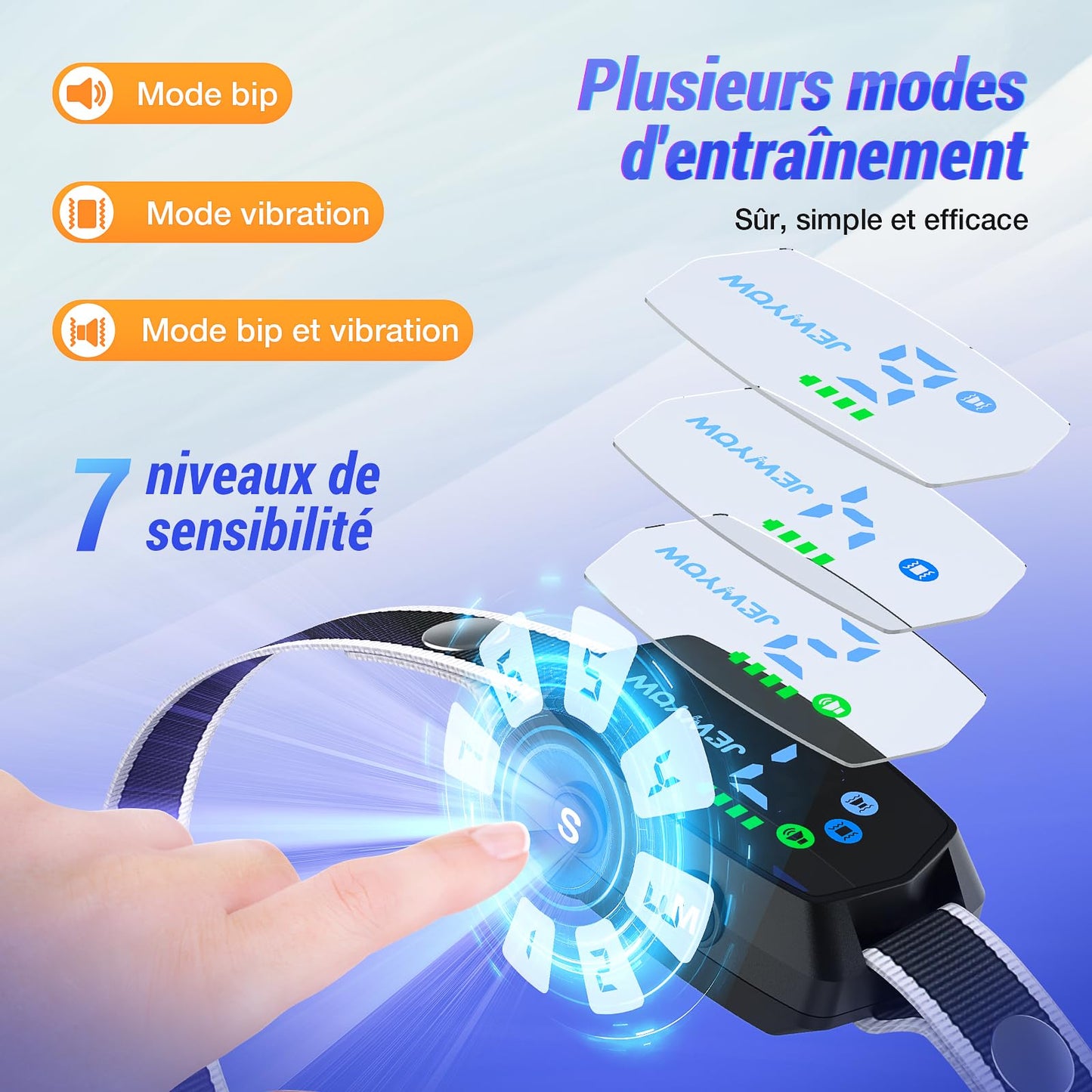 Jewyow Collier Anti Aboiement Chien, Détection Intelligente des Aboiements,3 Modes Beep/Vibration/Beep&Vibration, Étanche IP67, Affichage LED Intelligent, pour Petit et Gros Chien - Noir