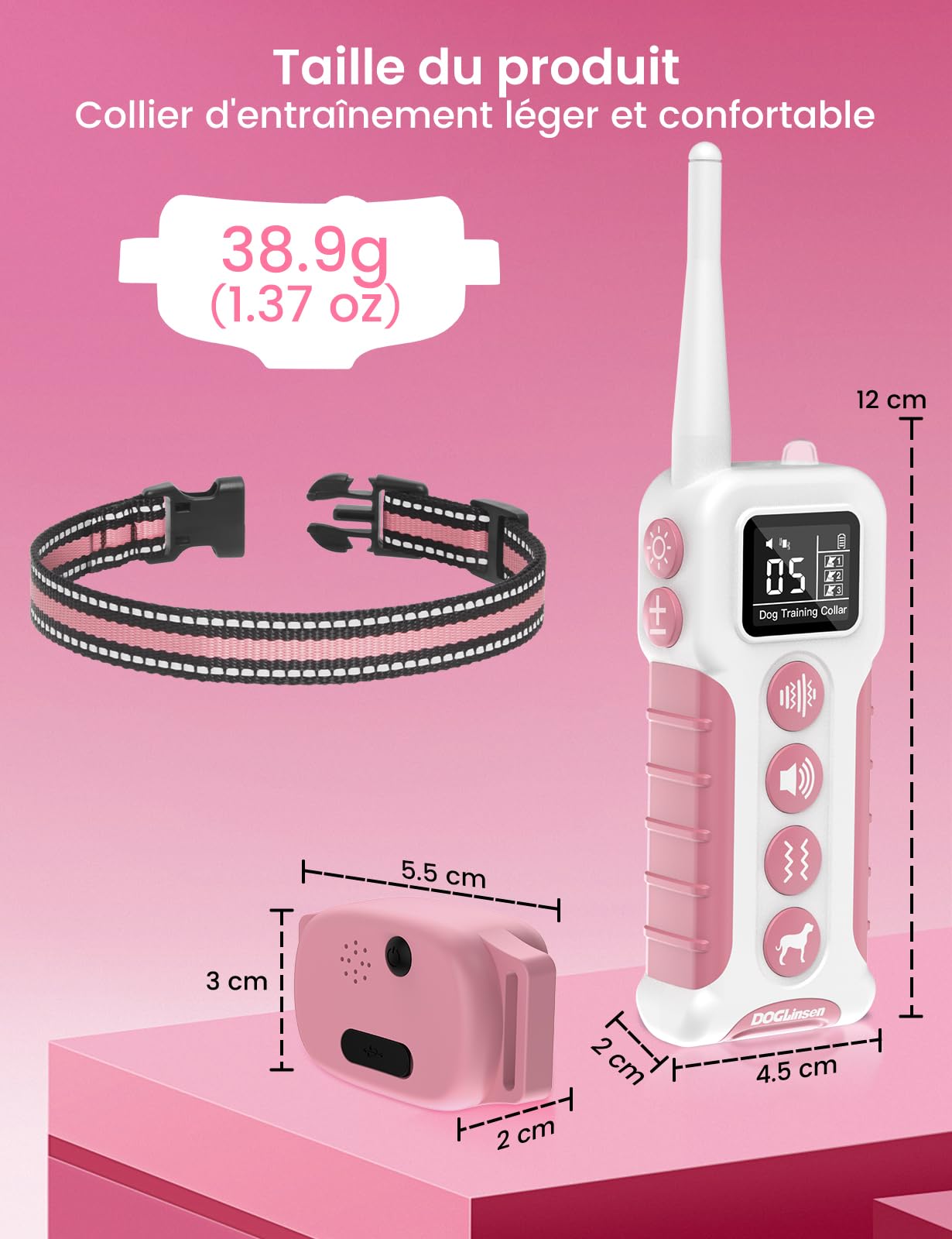 DOGLinsen Collier de Dressage pour Chien sans Choc, Portée de 1000m, 4 Modes (Lumière, Son, Vibration, Son+Vibration) - Adapté aux Chiens de Toutes Tailles (Rose)