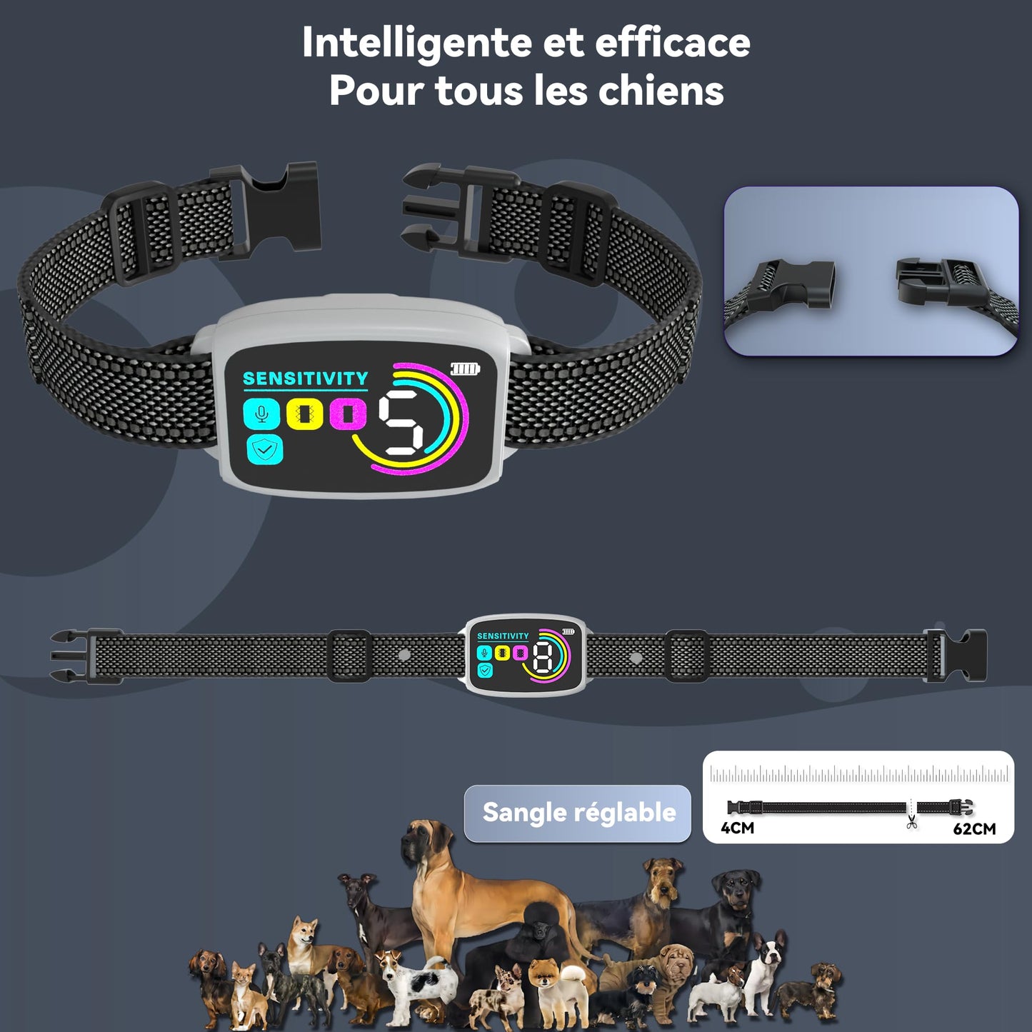 Meloive Collier Anti Aboiement Chien, Conformes à La Nouvelle Loi 2025-Détection Intelligente des Aboiements, 4 Modes Son/Vibration/Forte Vibration, Rechargeable pour Petit et Gros Chien, Blanc
