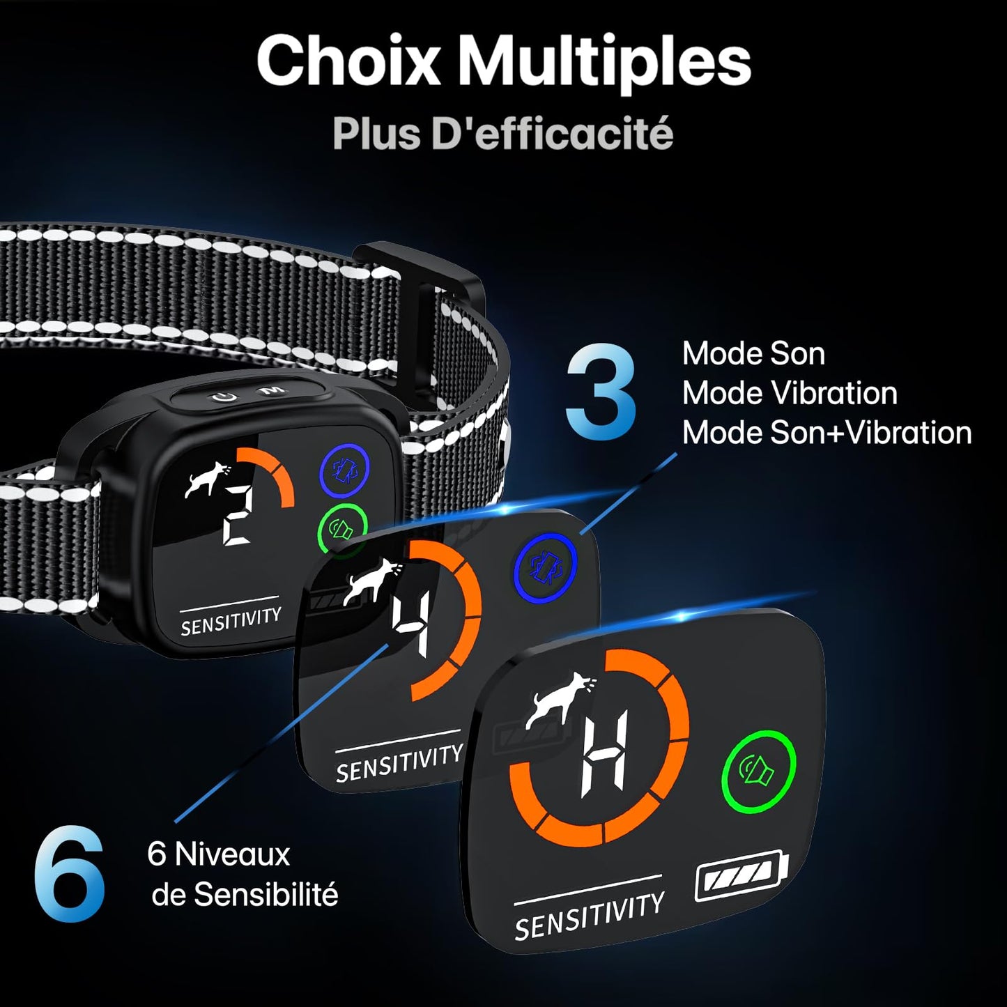 Collier Anti Aboiement Chiens,Modes Son/Vibration/Vibration Forte, Détection Intelligente des Aboiements, Rechargeable, Étanche IP67, pour Petit et Gros Chien (Black)