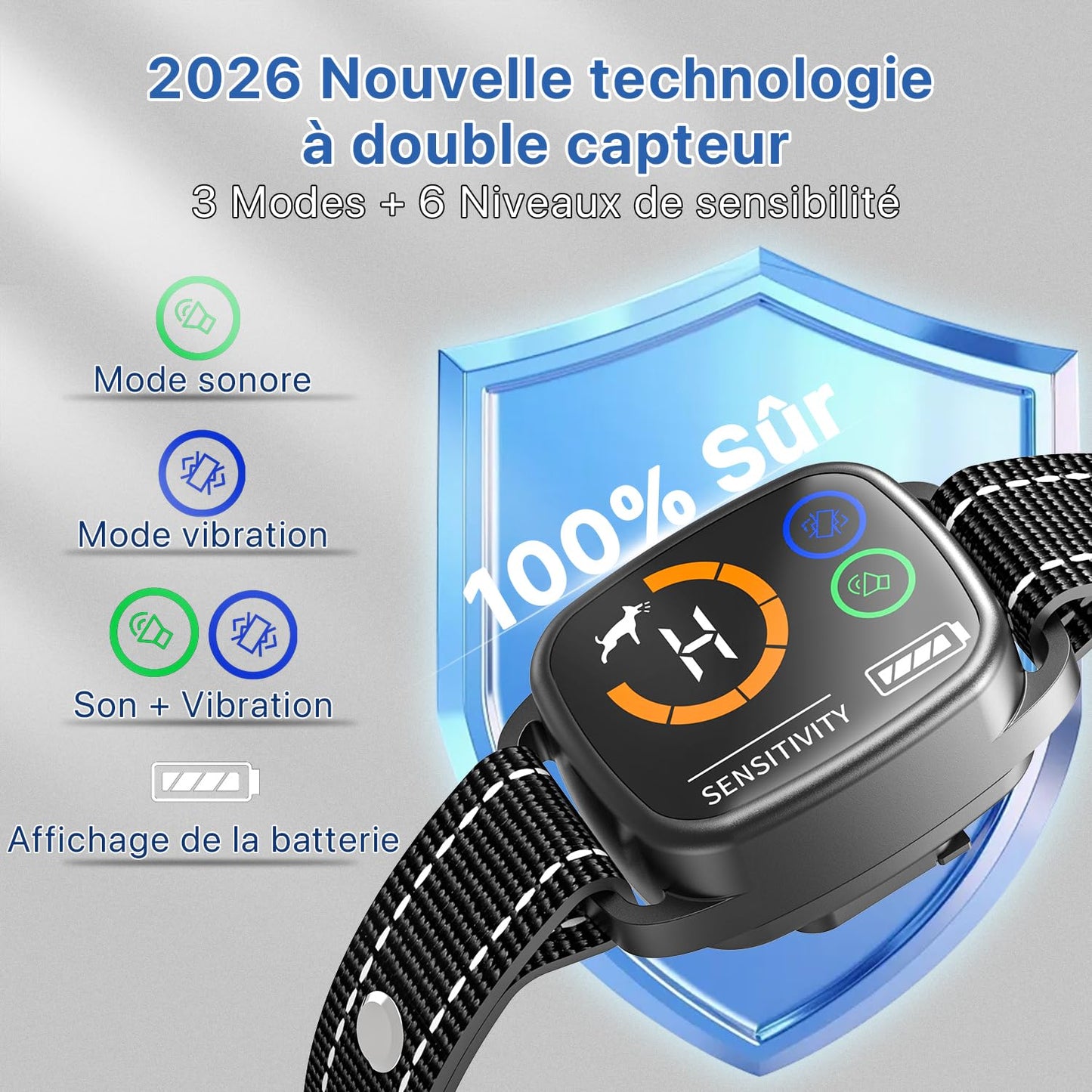 Collier Anti Aboiement Chien, Collier Electrique pour Chien 6 Niveaux de Sensibilité, Collier Anti-aboiement Intelligent 3 Modes, Étanche IP67 pour Petit Moyen Grand Chien - Noir