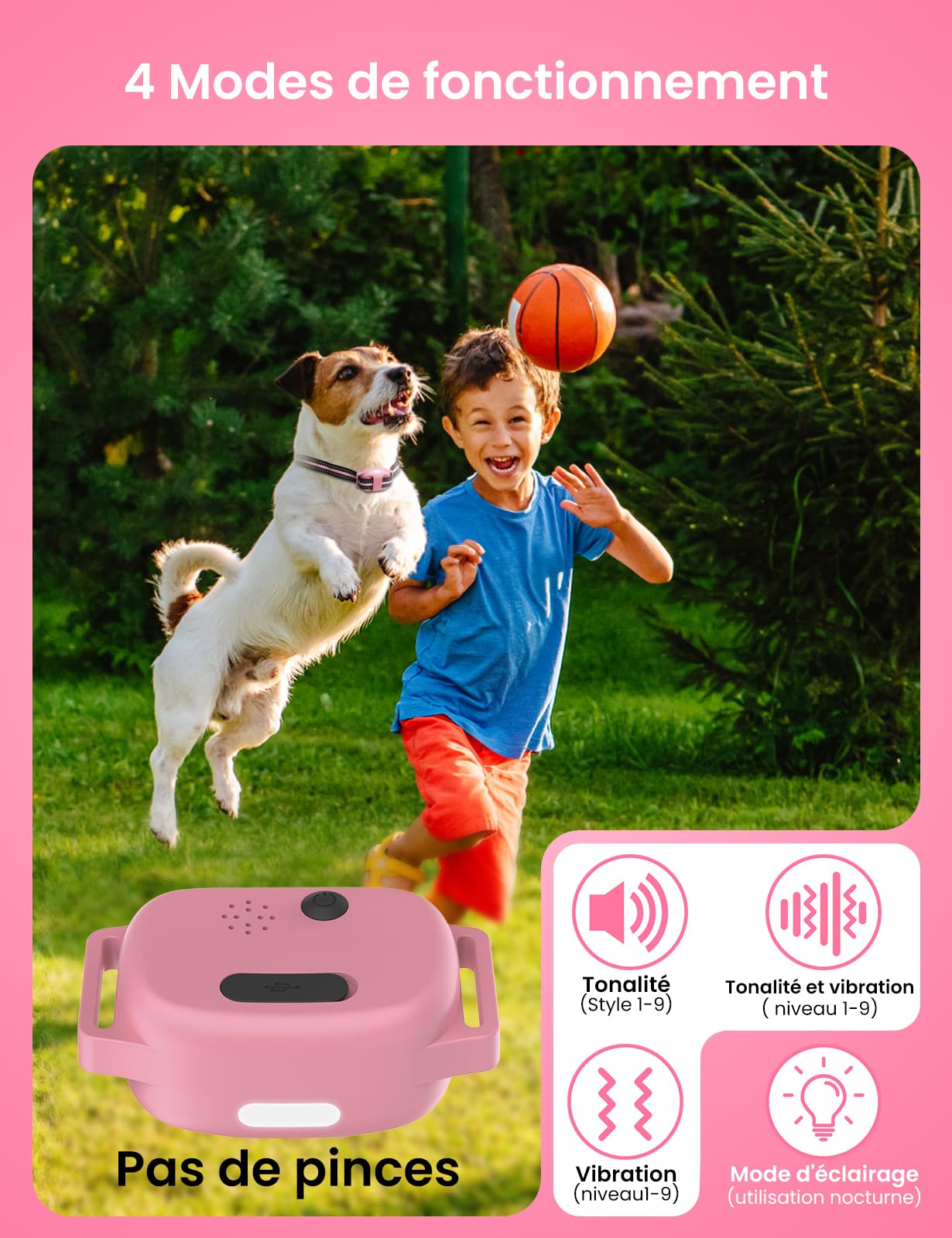 DOGLinsen Collier de Dressage pour Chien sans Choc, Portée de 1000m, 4 Modes (Lumière, Son, Vibration, Son+Vibration) - Adapté aux Chiens de Toutes Tailles (Rose)