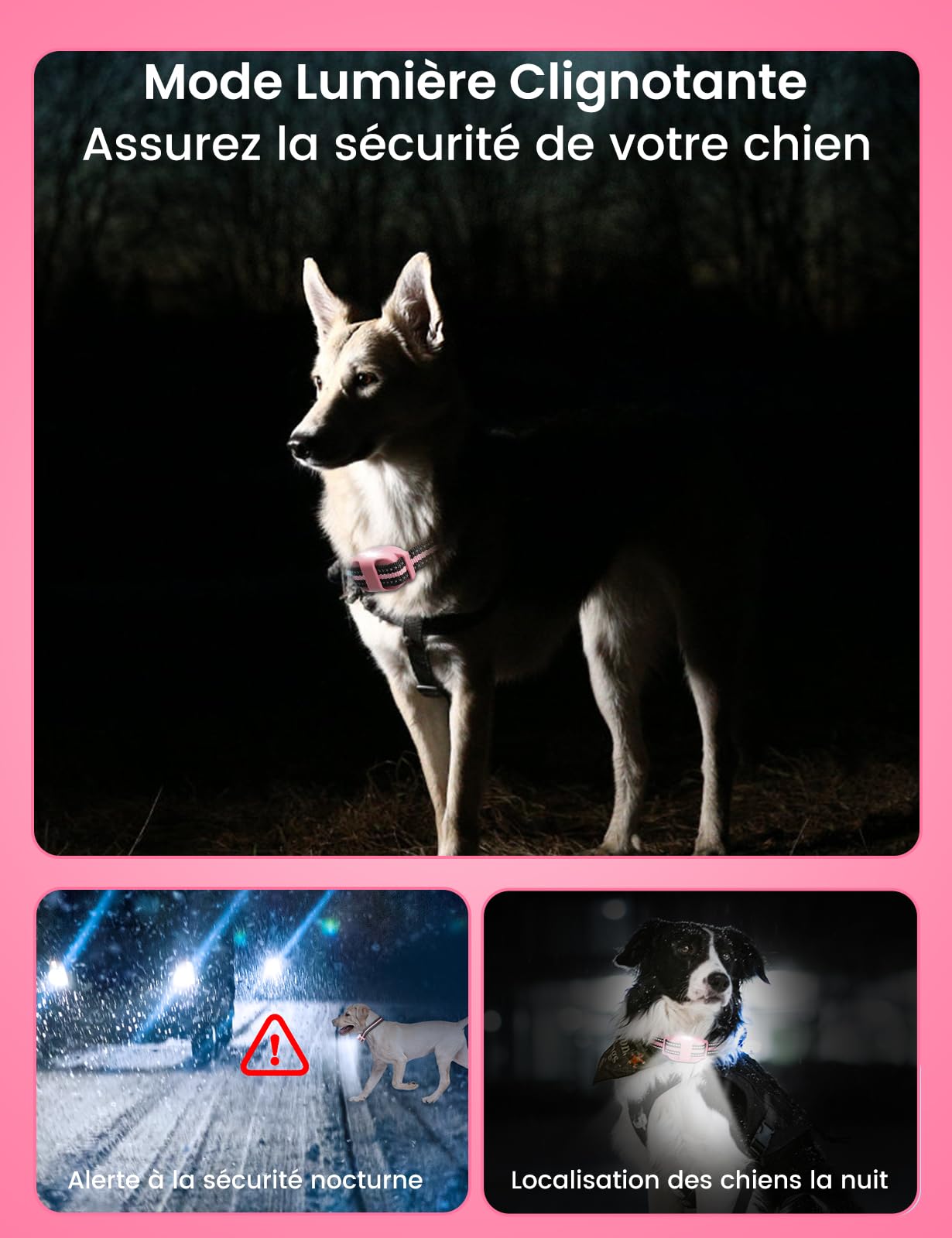 DOGLinsen Collier de Dressage pour Chien sans Choc, Portée de 1000m, 4 Modes (Lumière, Son, Vibration, Son+Vibration) - Adapté aux Chiens de Toutes Tailles (Rose)