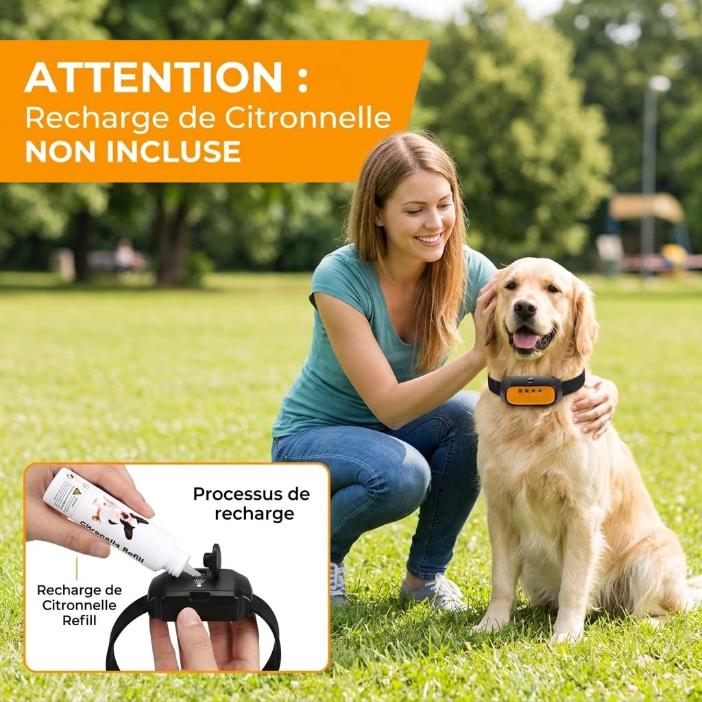 Collier Anti-Aboiement Spray Citronnelle pour Chien – Automatique & Télécommandé, Méthode Douce sans Choc, Rechargeable IPX65, 150m – Petits et Grands Chiens