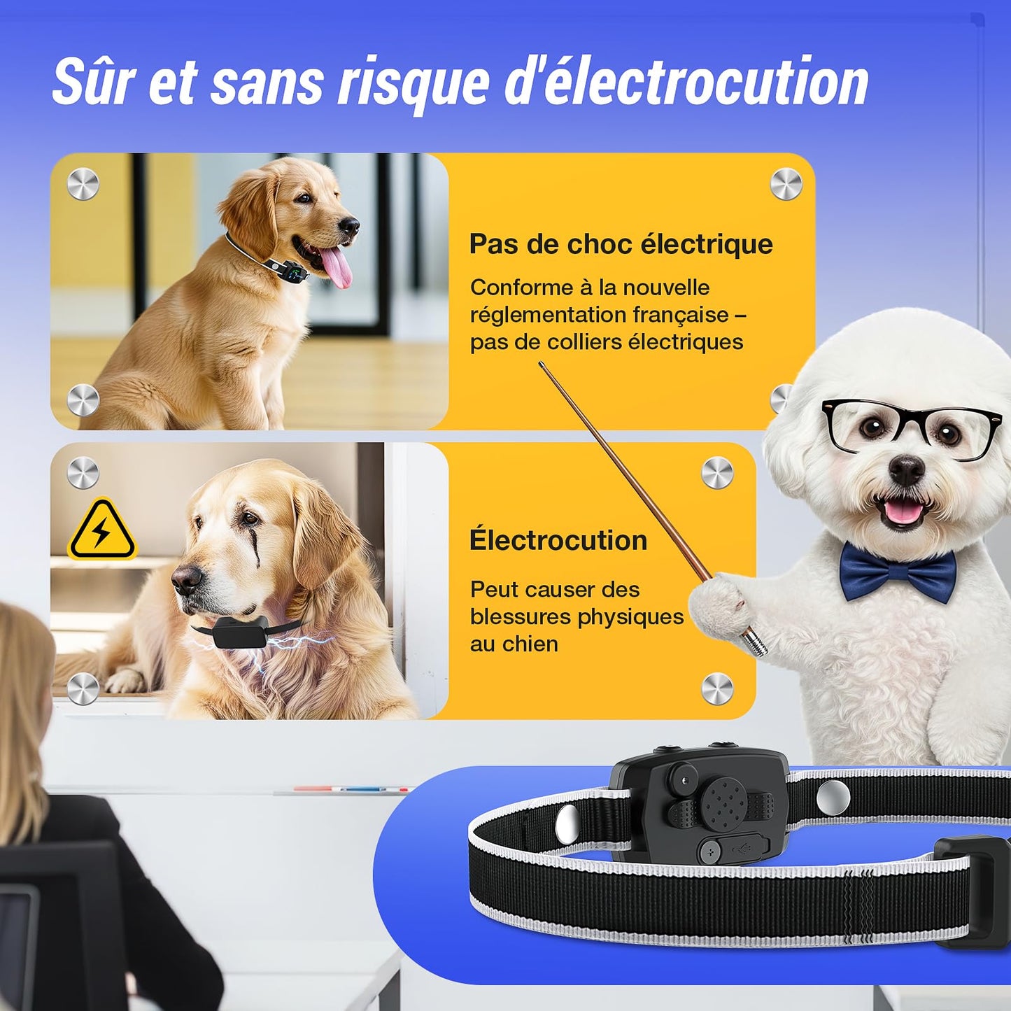 Jewyow Collier Anti Aboiement Chien, Détection Intelligente des Aboiements,3 Modes Beep/Vibration/Beep&Vibration, Étanche IP67, Affichage LED Intelligent, pour Petit et Gros Chien - Noir