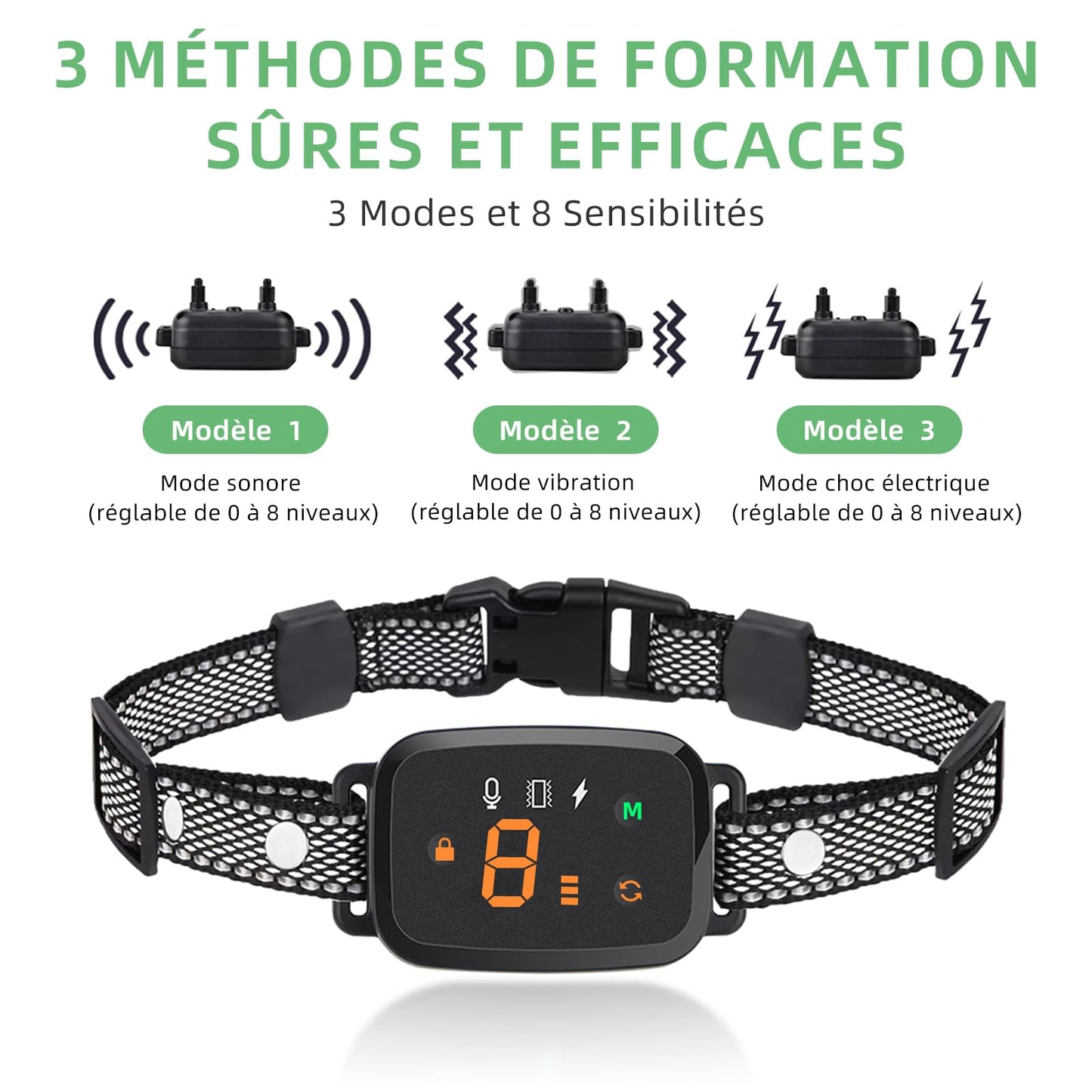 Collier Anti Aboiement Chien, 4 Modes Son/Vibration/Choc Electrique, Réglable 8 Niveaux de Sensibilité, Rechargeable Contrôle Anti-aboiement Intelligent, Étanche IP67 pour Gros Petit Chien-Noir