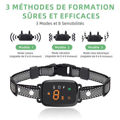 Collier Anti Aboiement Chien, 4 Modes Son/Vibration/Choc Electrique, Réglable 8 Niveaux de Sensibilité, Rechargeable Contrôle Anti-aboiement Intelligent, Étanche IP67 pour Gros Petit Chien-Noir