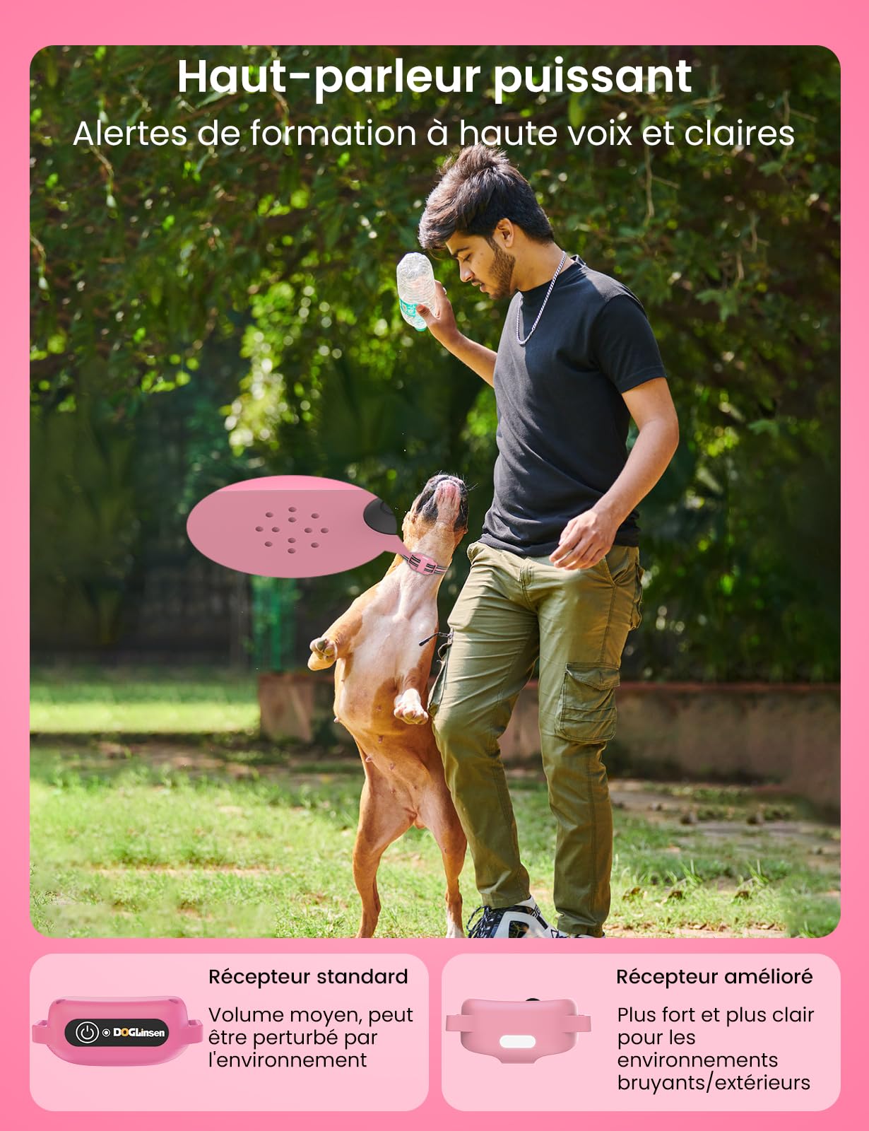 DOGLinsen Collier de Dressage pour Chien sans Choc, Portée de 1000m, 4 Modes (Lumière, Son, Vibration, Son+Vibration) - Adapté aux Chiens de Toutes Tailles (Rose)