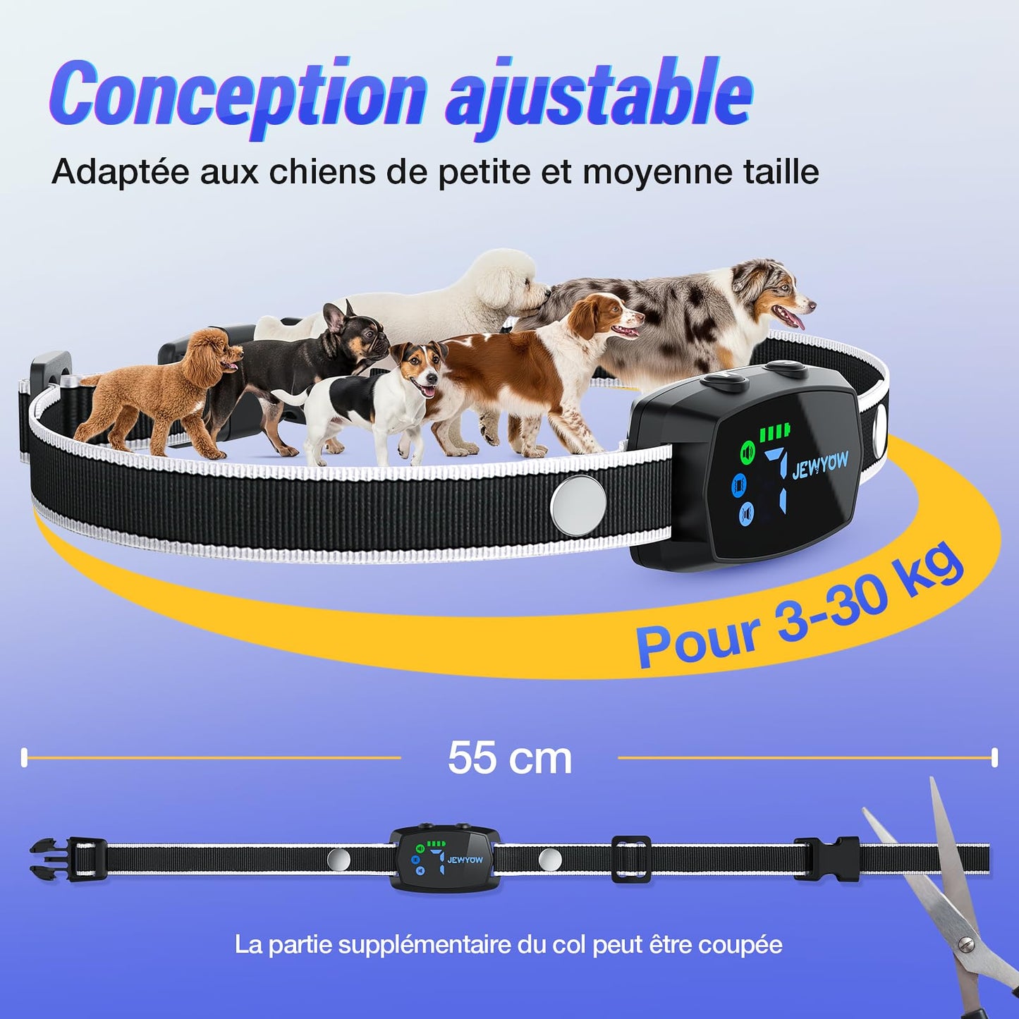 Jewyow Collier Anti Aboiement Chien, Détection Intelligente des Aboiements,3 Modes Beep/Vibration/Beep&Vibration, Étanche IP67, Affichage LED Intelligent, pour Petit et Gros Chien - Noir