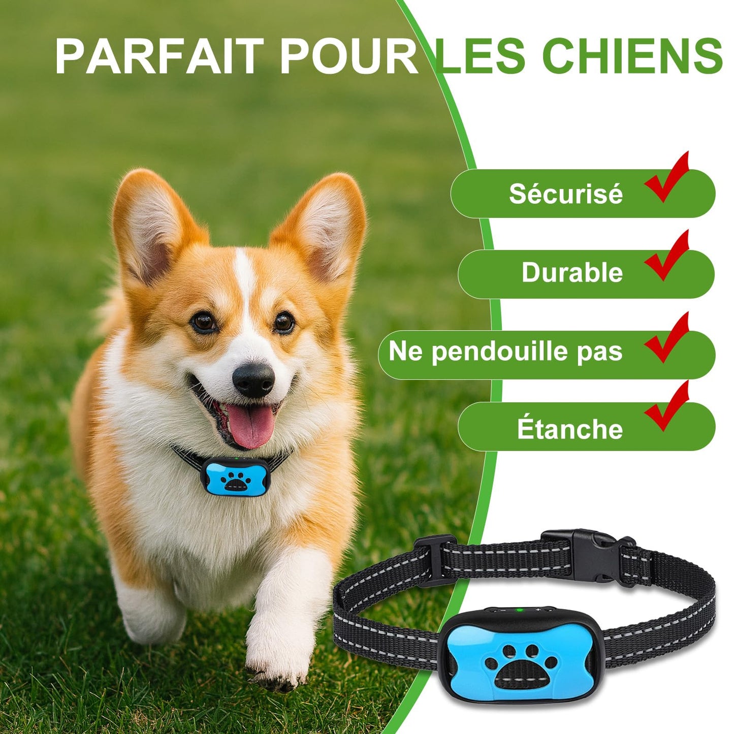 Puppy Safe Collier Anti-Aboiement pour Chien – sans Douleur ni Choc Électrique, 7 Niveaux Sensibilité, Vibration + Son, Taille Réglable,Rechargeable (Blue)