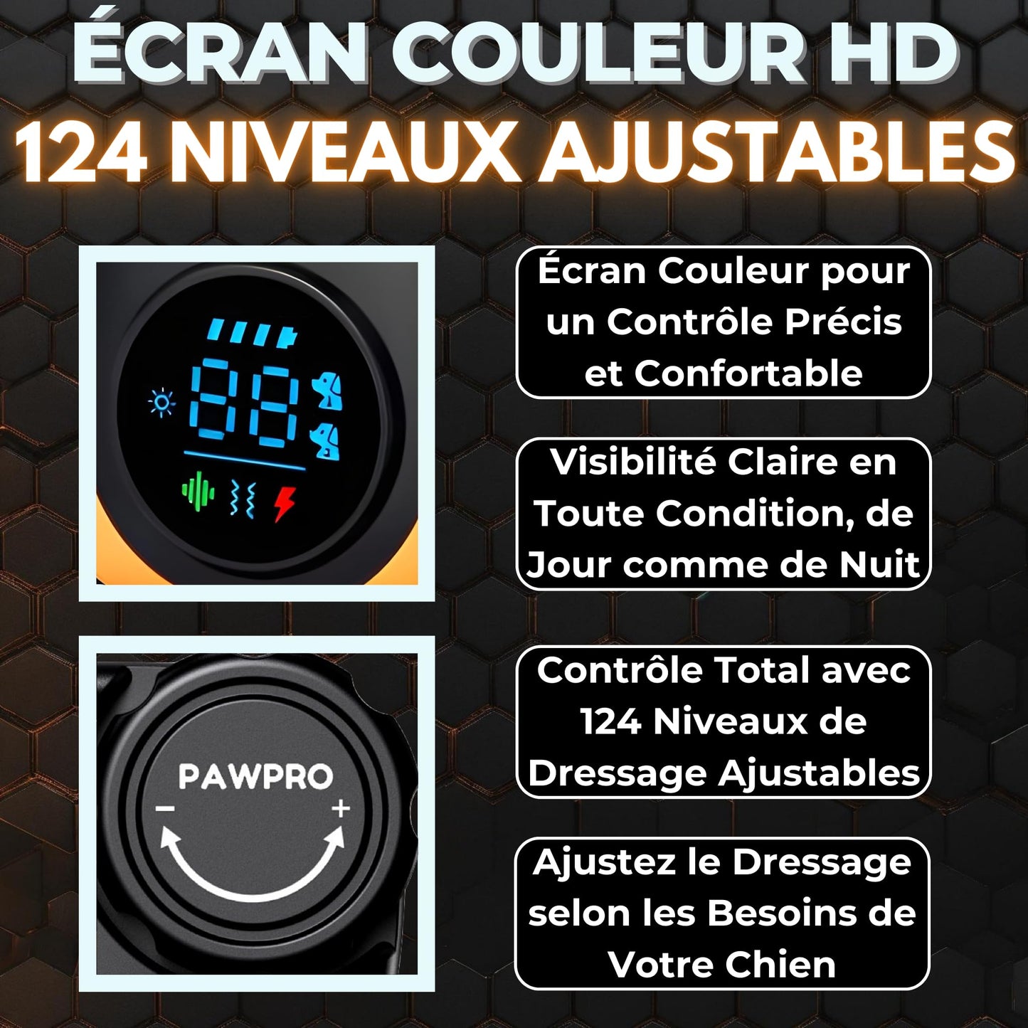 PAWPRO Collier de Dressage, Portée de 3km, Mode Lumière Nocturne, Guide de Dressage Inclus, 124 Niveaux d’Entraînement, BIP Vibration Choc, Adapté à Tous Les Chiens, Étanche Rechargeable, Marque FR