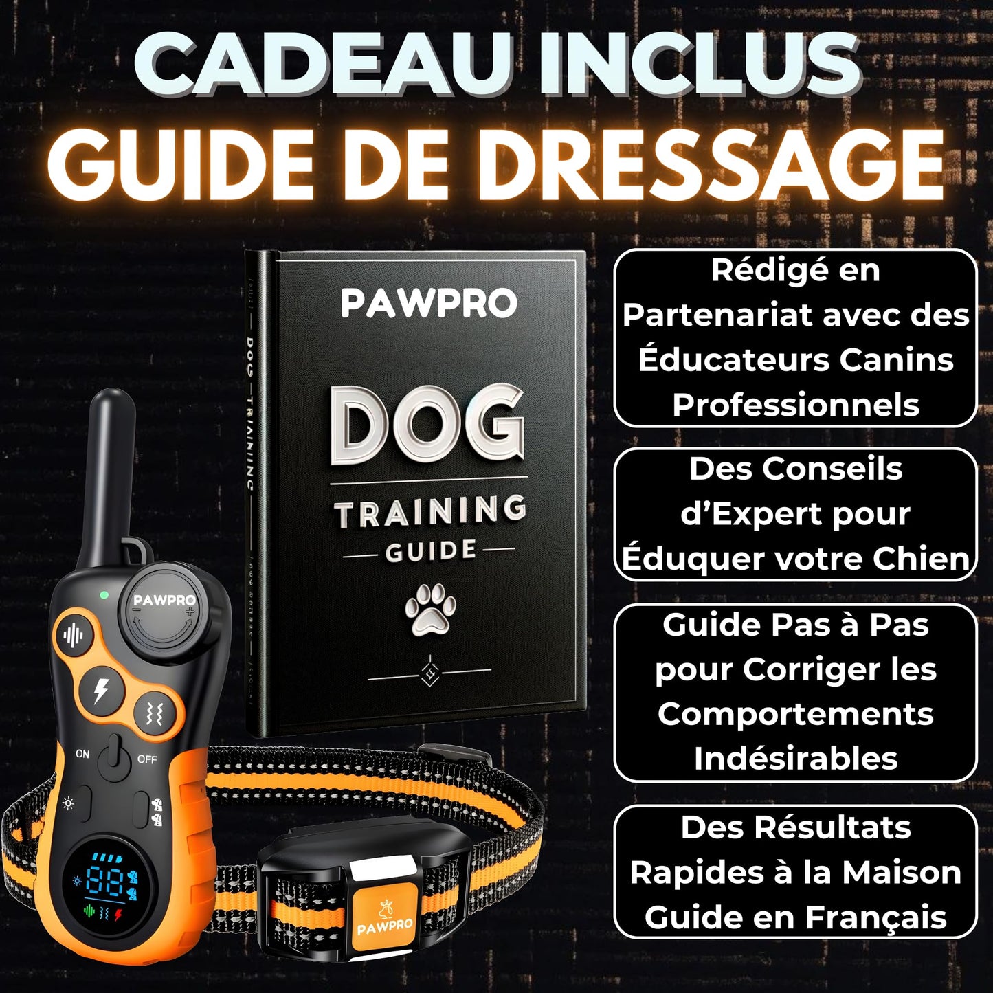 PAWPRO Collier de Dressage, Portée de 3km, Mode Lumière Nocturne, Guide de Dressage Inclus, 124 Niveaux d’Entraînement, BIP Vibration Choc, Adapté à Tous Les Chiens, Étanche Rechargeable, Marque FR