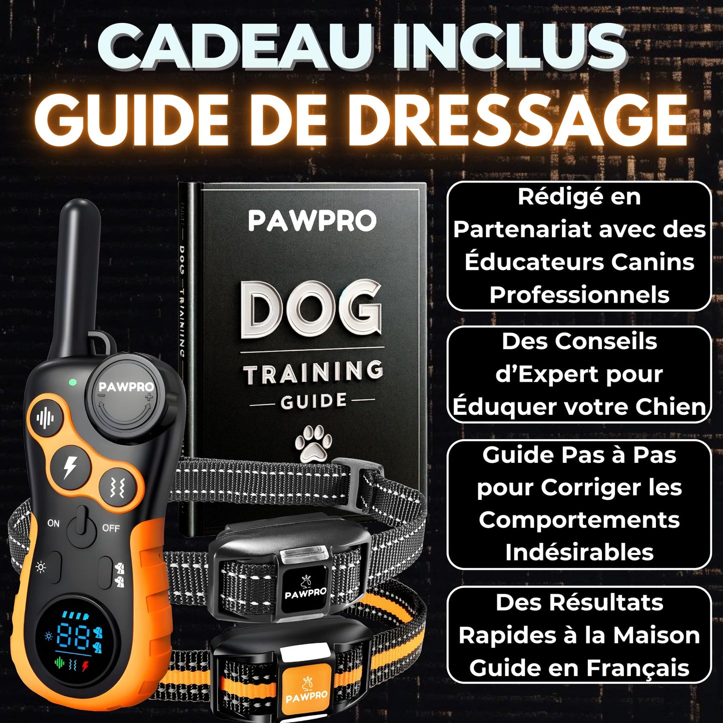 PAWPRO Collier de Dressage, Portée de 3km, Mode Lumière Nocturne, Guide de Dressage Inclus, 124 Niveaux d’Entraînement, BIP Vibration Choc, Adapté à Tous Les Chiens, Étanche, Marque FR (2 Colliers)